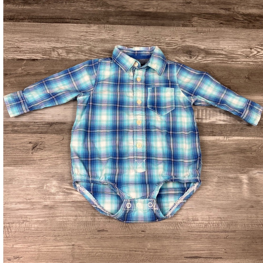 OshKosh Bgosh Baby Boy Blue Plaid Long Sleeve Button Down Bodysuit 18M RN96367